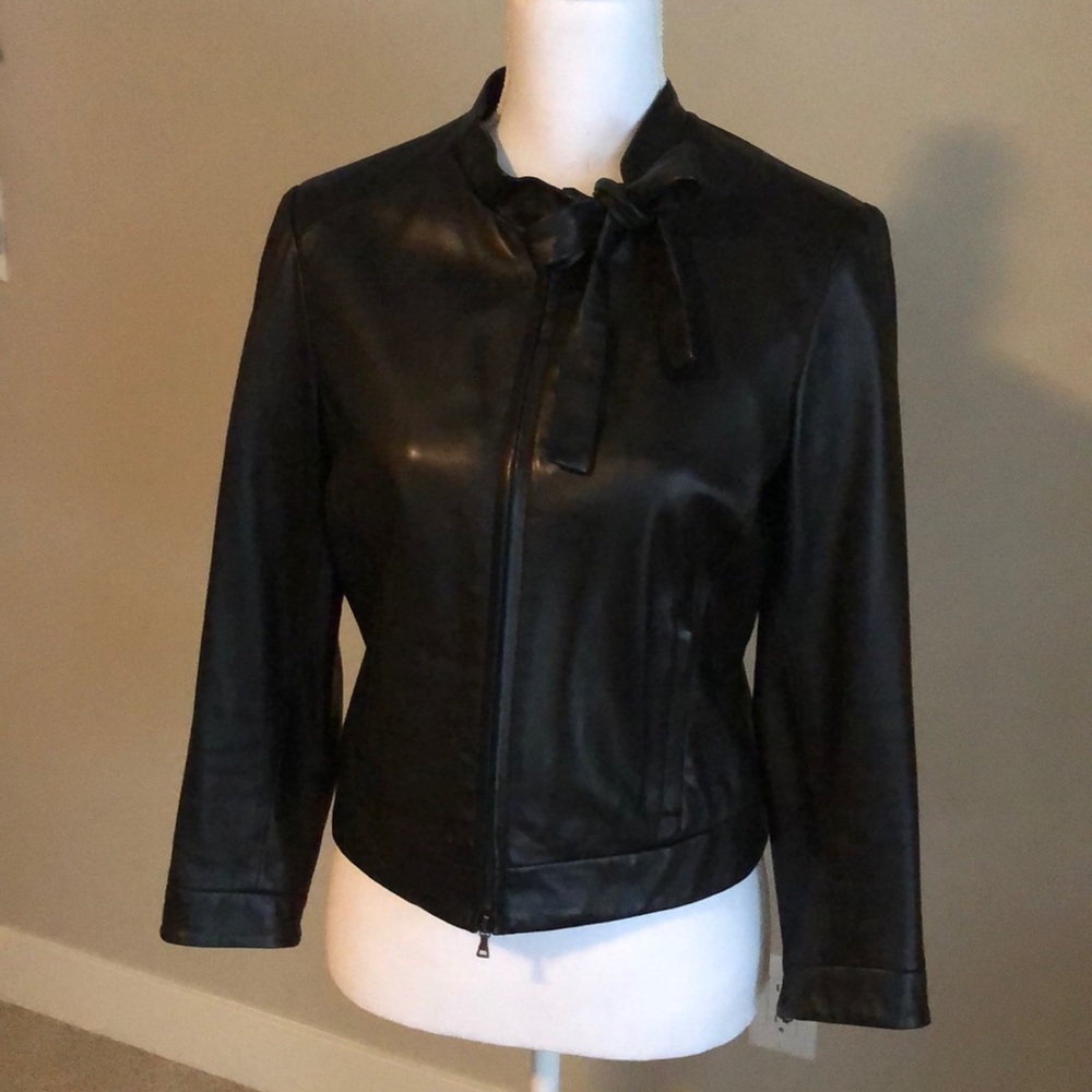 Per Se Black Leather Jacket with Bow